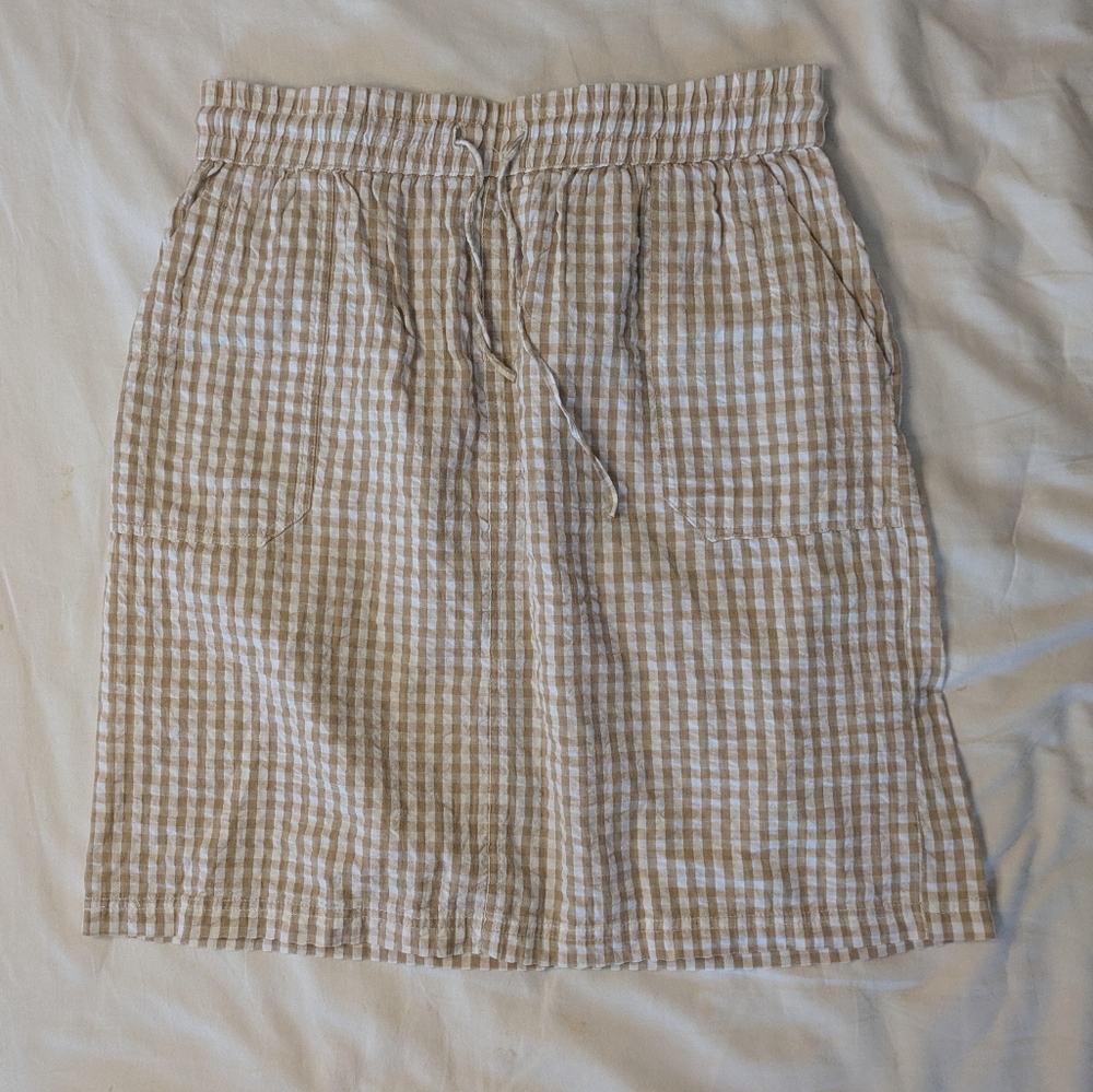 Studio West Tan Gingham Plaid Checkered High Waist Drawstring Cotton Mini Skirt
